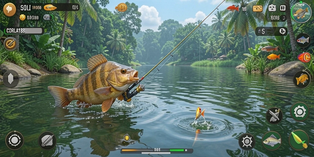Gameplay seru dan menantang dalam CORLA188 saat memancing ikan.