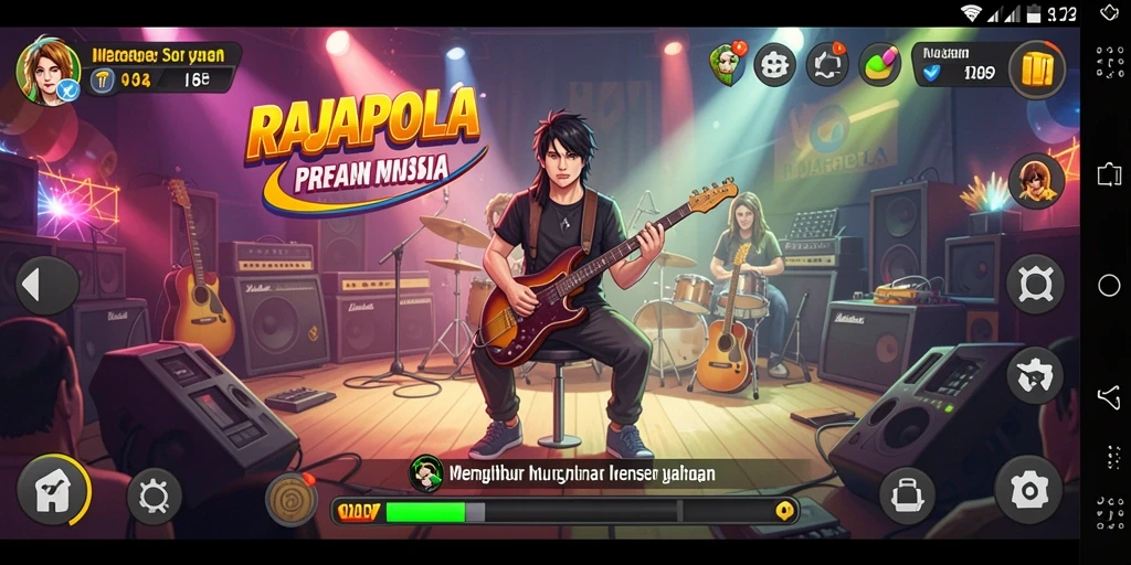 Tampilan gameplay RAJAPOLA dengan berbagai alat musik virtual.