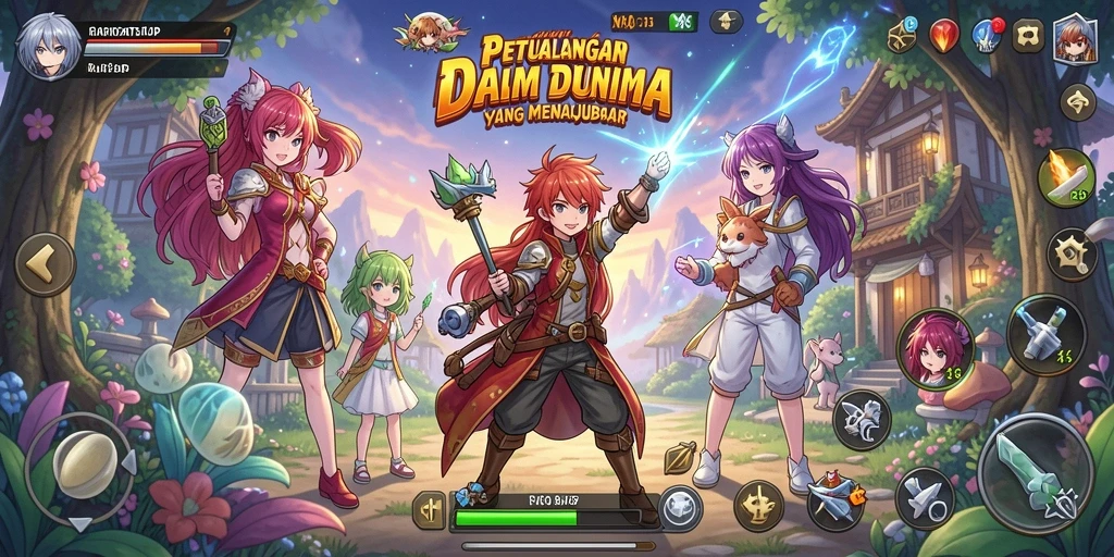 Tampilan utama gameplay RAKYATJP yang menggambarkan karakter anime.